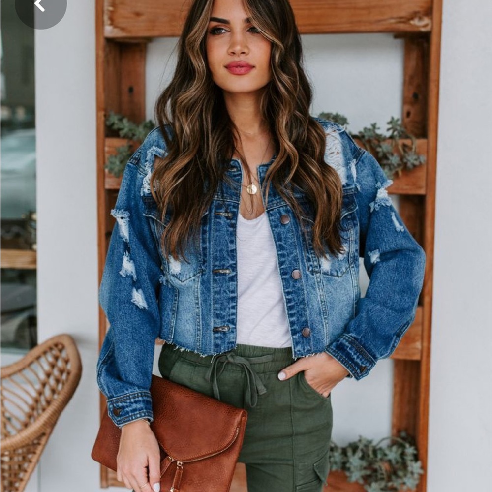 VICI Cropped Distressed Denim Jacket